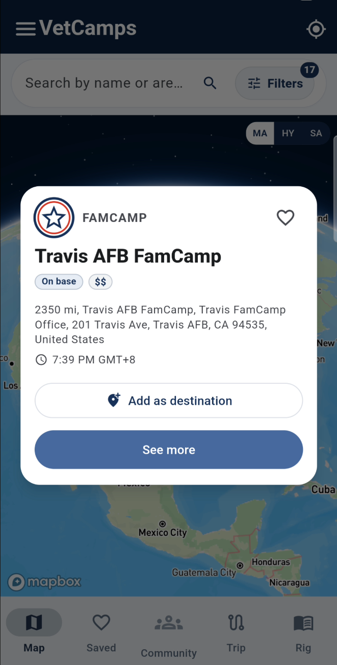 Map with a campground card