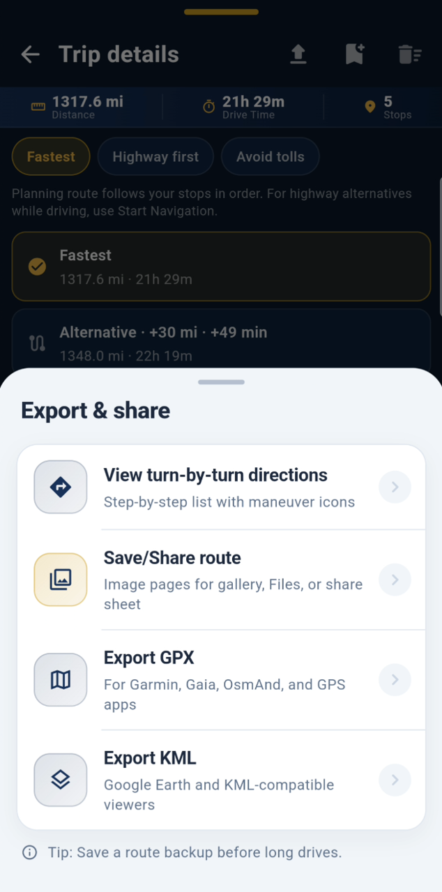 Export and share a trip