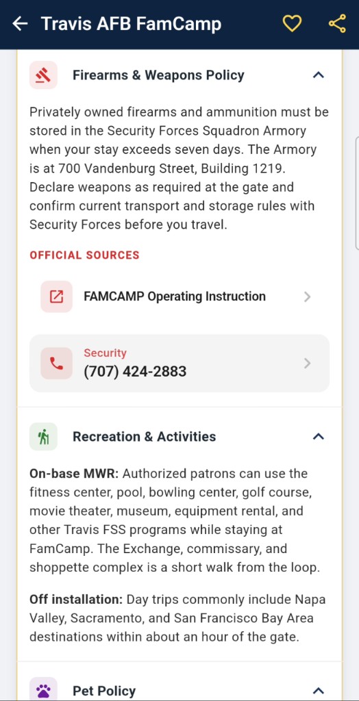 Firearms and Weapons Policy at Travis AFB FamCamp with the official source and Security number