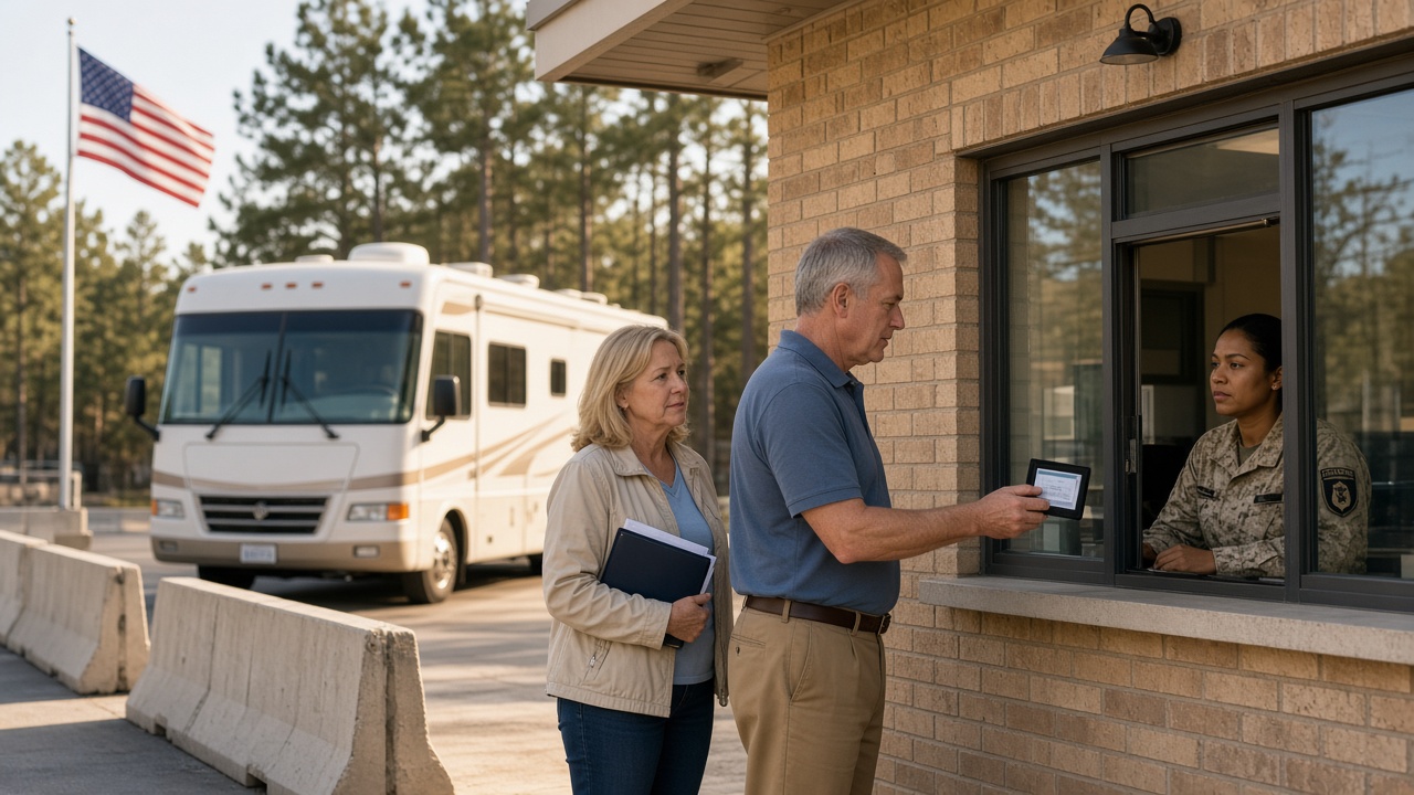 A couple at a military visitor control window while a motorhome waits in line.