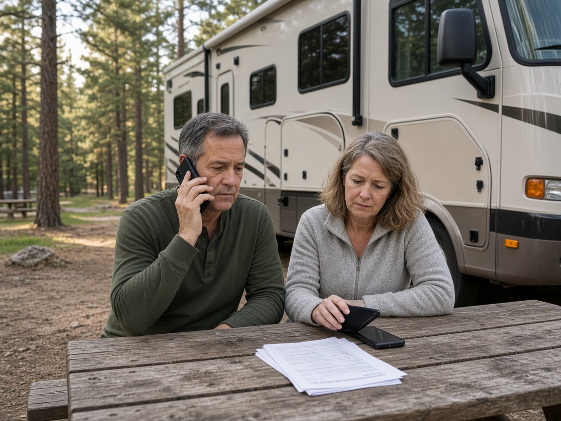 A couple beside a motorhome, one on the phone, before driving to the next FamCamp.