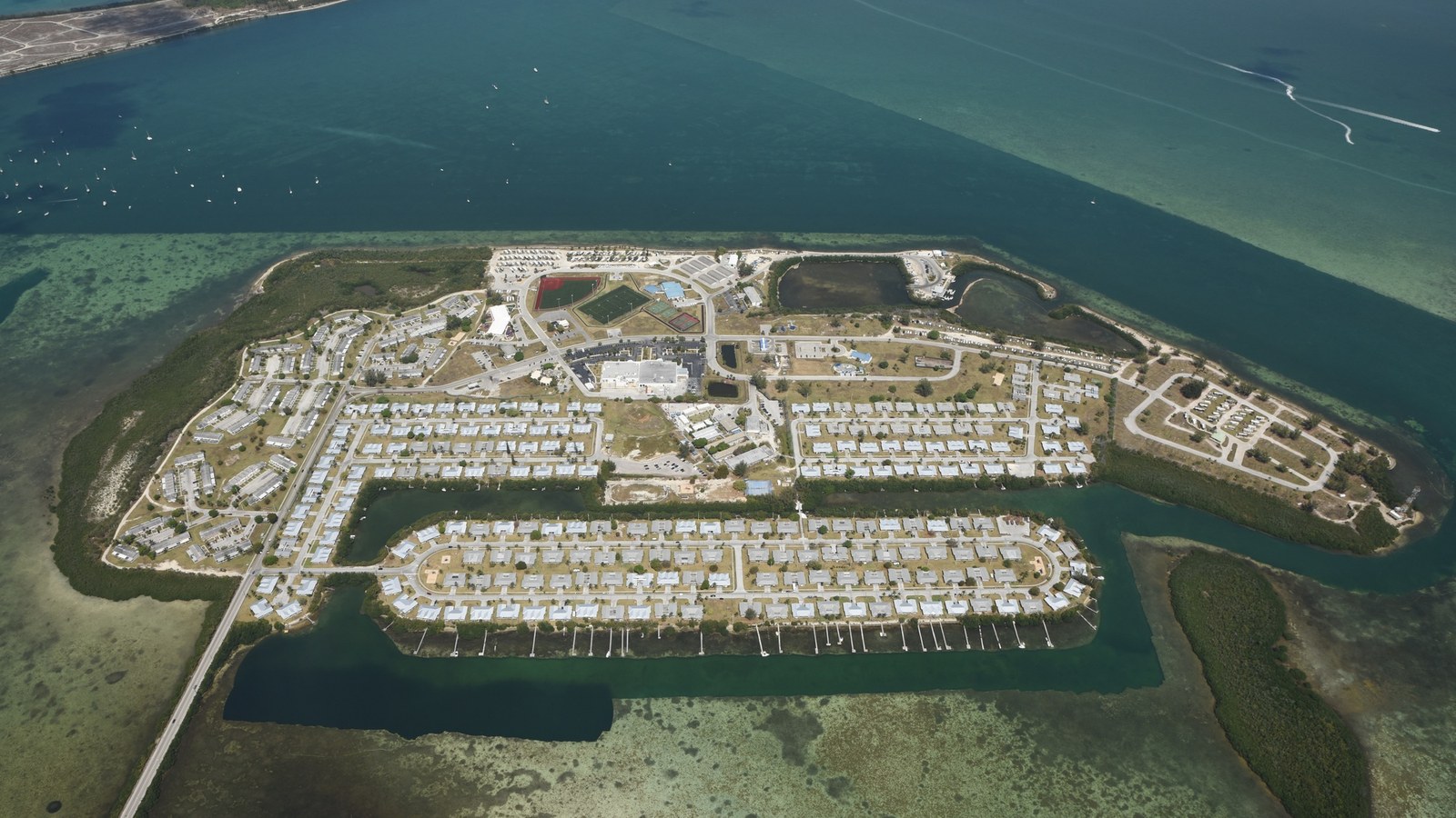 Aerial view of Sigsbee Park housing and shoreline at NAS Key West