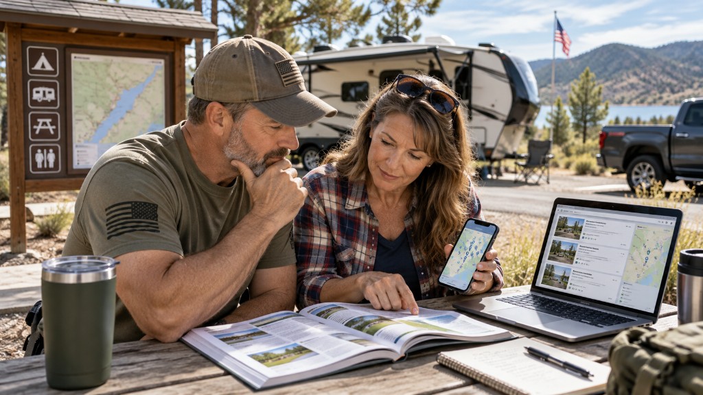 A couple at a campground table looks over a phone, an open guidebook, and a laptop map, with their RV and a lake behind them.