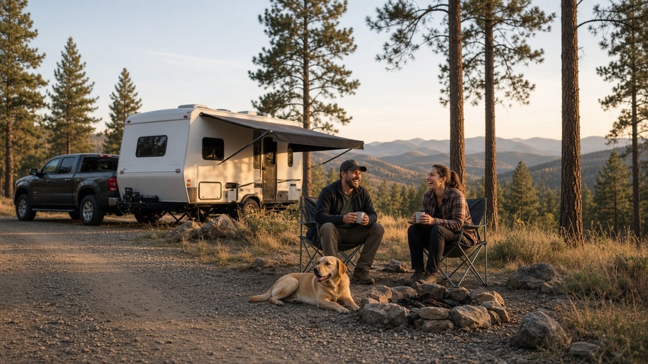 A couple and their dog relax by a fire ring at a free dispersed campsite in a national forest clearing.