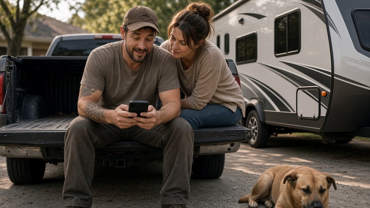 A young veteran on his truck's tailgate smiles at his phone while his wife leans over his shoulder, with their dog and travel trailer nearby.