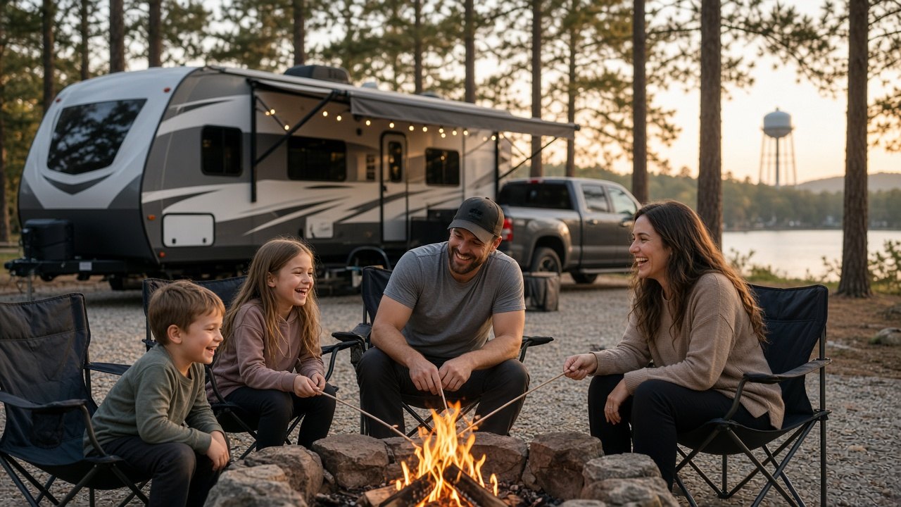 A young veteran family roasts marshmallows at a campfire beside their travel trailer at a lakeside military campground.