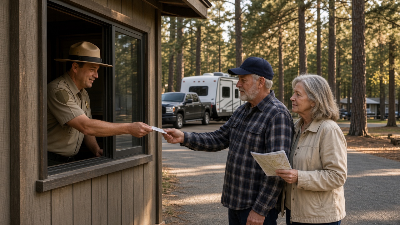 A veteran hands his pass to a park ranger at a state park entrance booth while his wife holds a campground map.