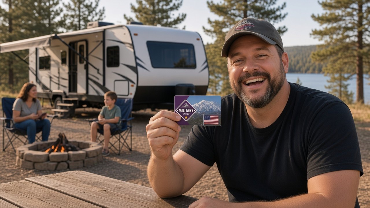 A veteran at a lakeside campsite holds up his Military Lifetime Pass while his family sits by the campfire.