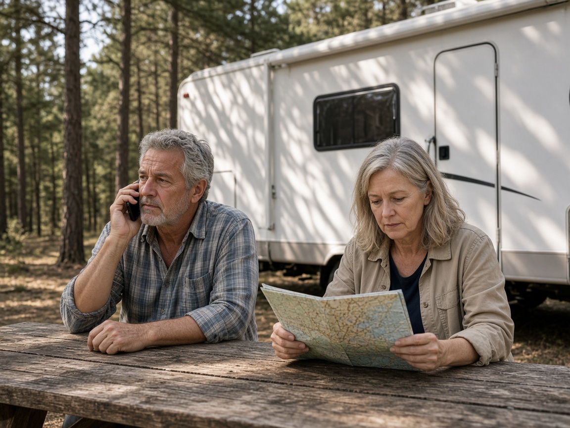 A couple at a picnic table beside their RV, one on the phone and one reading a map.
