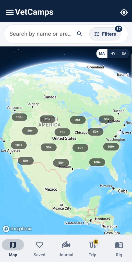 VetCamps map showing FamCamp and public campground locations across the United States